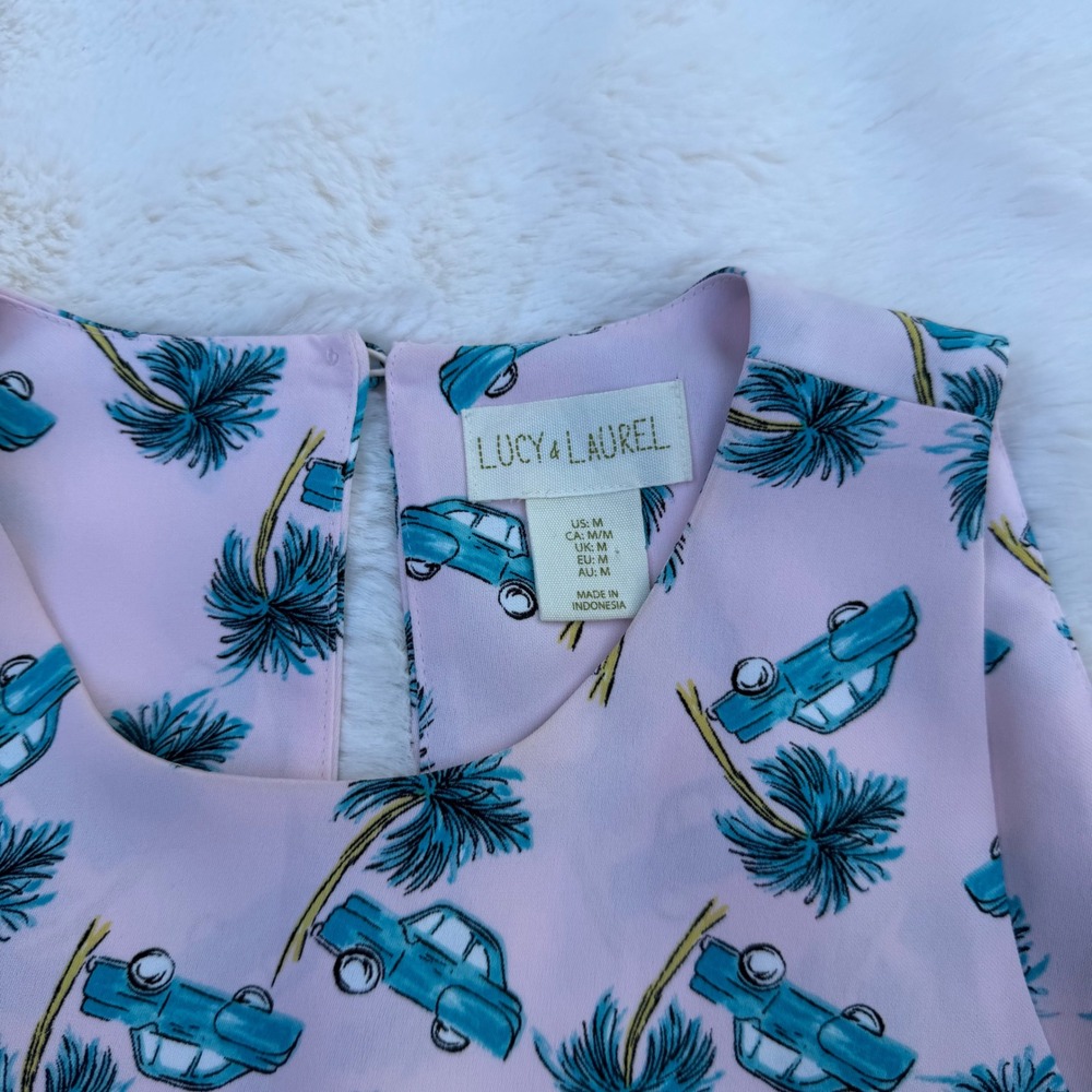 Lucy & Laurel Pink Palm Tree Vintage Car Print Sleeveless Shift Dress Womens M